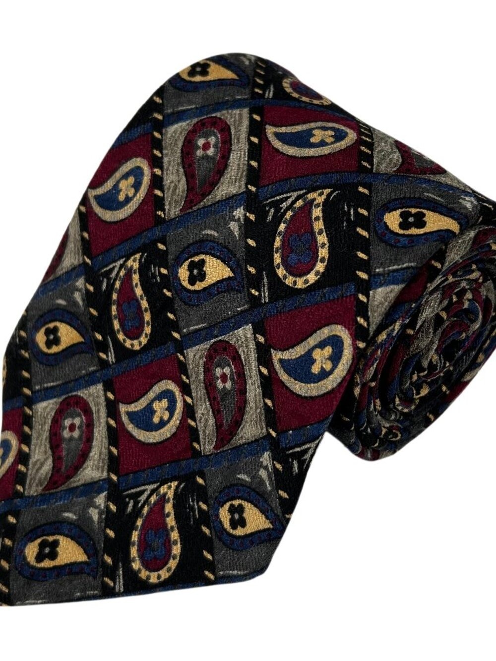Roundtree & Yorke Men's Red Blue Gold Paisley Silk Necktie Tie